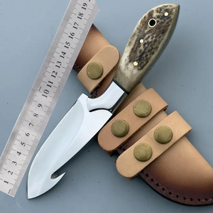 Couteau de chasse utilitaire à lame en acier au carbone avec poignée en bois de cerf et fourreau en cuir poli - Product Image 5