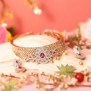 <b>Ruby</b> American Diamond Choker <b>Necklace</b> Set-Fashion Jewelry - Product Image 2