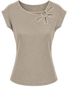 Customized Beige Women Casual T Shirt Floral Ring Neck Short Sleeve Summer Fashion Soft Stretch Ladies Tee Daily Wear <b>Top</b> Blouse - Product Image 2