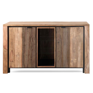 Modern Luxury Solid Mango Wood Eco-Friendly <b>Sideboard</b> Glass Doors Slatted Panels Midcentury Modern Design 3 ft Capacity Dining - Product Image 5