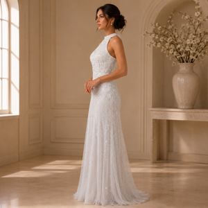Robe de mariée blanche pour femme, col halter, ornée de perles et de sequins, sans manches, longueur ras du sol, élégante, coupe trapèze, pour cérémonie - Product Image 3