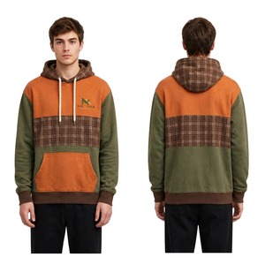NEXTEX Sweat à capuche unisexe patchwork orange, olive, marron, à carreaux, avec bande et blocs de couleur, en molleton de coton doux - Product Image 1