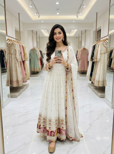 Luxury Blooming Georgette Multi Sequin Dori Work Anarkali Gown Micro Silk <b>Trousers</b> Dupatta Readymade Dress Set UW 815 - Product Image 6