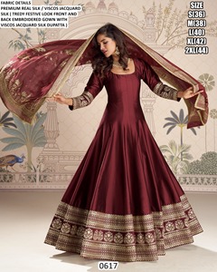 Vestido Anarkali Largo de Seda/Viscosa Jacquard con Bordado Tradicional Bandhani Naranja Rangoli Chinon para Fiesta de Mujer - Product Image 1