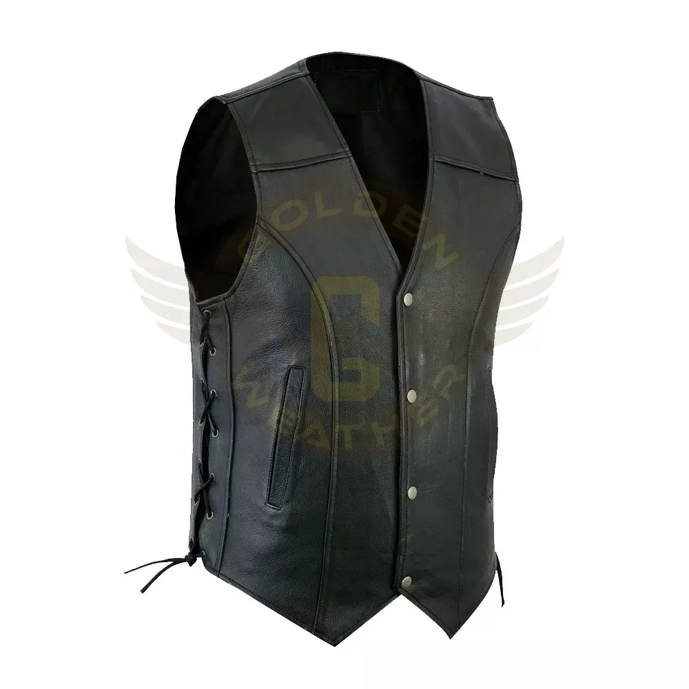 Pakistan Manufacturer Custom Mens Black Leather Motorcycle Vest Waistcoat Biker Style Vest With Side Laces