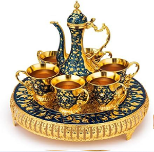 Service à thé exquis en émail bleu et filigrane doré sur une base rotative. Artisanat de qualité disponible à prix de gros. - Product Image 1