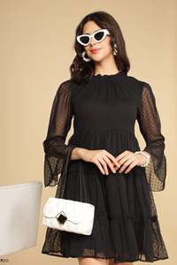 Minivestido de Gasa Negra con Manga con Volantes y Dobladillo en Capas, Silueta en A, Ideal para Fiestas de Verano, Hermoso Vestido Elegante - Product Image 5