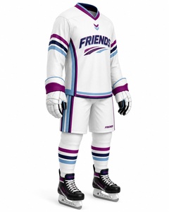 Ensemble d'uniformes de hockey sur glace sublimés personnalisés, rayures blanches, violettes et bleues, polyester respirant, vêtements de sport pour hommes adultes - Product Image 5