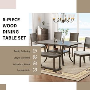 Set da Pranzo in Legno a 6 Pezzi con Ripiano Portaoggetti e Gambe Curve, Set Tavolo da Cucina con Panca e 4 Cuscini Rimovibili, Set per Sala da Pranzo - Product Image 2