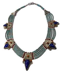 Collier pendentif vintage en turquoise naturelle, corail et lapis-lazuli avec argent sterling 925, fait main, unisexe, chaîne à perles - Product Image 3