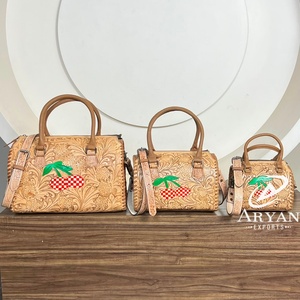 Bolso de mano de cuero floral con diseño de cereza a cuadros, hecho a mano, con asa superior, bandolera, para viaje, tipo Speedy Duffel - Product Image 1