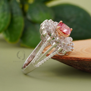 1.01 Carat <b>Cushion</b> Cut Vivid Pink Lab Created Diamond Ring Yellow Gold Halo with Pear <b>Round</b> Diamond Side Accents - Product Image 4