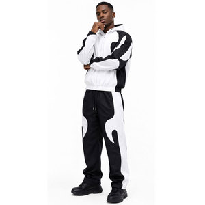 Sudadera con Capucha para Hombre, Estilo Deportivo, con Bloques de Color Blanco y Negro, Estampado Completo, Lavado Ácido, Resistente al Viento, con Cierre de Cordón - Product Image 3