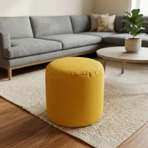 Yellow Round Fabric Pouf Ottoman Soft Cushioned Footrest Modern Floor <b>Stool</b> for Living Room Bedroom Lounge Home Seating - Product Image 6