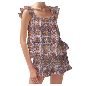 New Arrival Hand Block Floral Print Shorts Pajama Set Spring/Summer Floral Fitted Strappy Ruffle <b>Trim</b> Sleeves PJ Set - Product Image 5