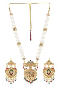 Collar largo de aleación chapado en oro indio con diseño de moneda, conjunto de pendientes, joyería étnica para mujer, diseño Rani Haar dorado para boda - Product Image 5