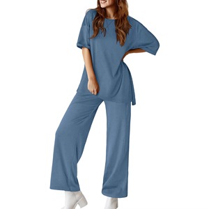 Ensemble deux pièces plissé en velours côtelé 100 % coton respirant et décontracté pour femme, grandes tailles, été, couleur unie (haut et pantalon) - Product Image 1