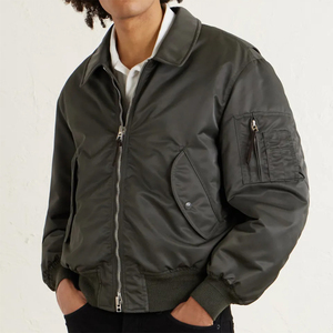 เสื้อแจ็คเก็ตซาตินบอมเบอร์แบบซิปสำหรับผู้ชาย แขนยาว ปกคอพับได้ เหมาะสำหรับฤดูหนาว สไตล์เบสบอล - Product Image 3