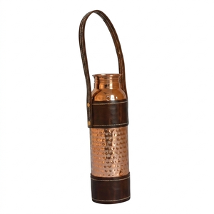 Handmade Pure Copper Water <b>Bottle</b> with Leather Sleeve, 1000ml Hammered Copper <b>Flask</b>, Ayurvedic Health Benefits Sports <b>Bottle</b> - Product Image 2