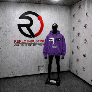Sudadera con capucha y cremallera completa personalizada con arte facial morado, estilo urbano oversize, gráfico, unisex, moda casual - Product Image 3