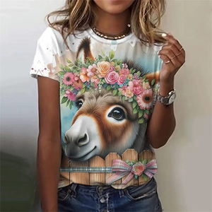 Camiseta con estampado de vaca y burro para mujer, camisetas con estampado 3D de animales y flores, Top de algodón con cuello redondo, moda de verano - Product Image 3