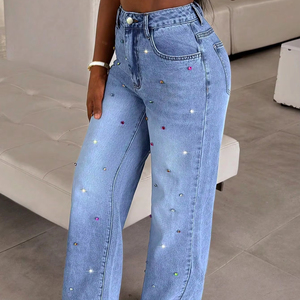 Jean en denim pour femme, taille mi-haute, coupe droite large, 100% coton, séchage rapide, respirant, fermeture boutonnée – Meilleures ventes hiver - Product Image 1