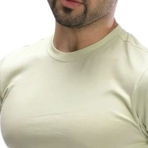 T-shirt pour homme en coton ivoire à col rond, manches courtes, coupe ajustée, vêtements de sport décontractés, léger, respirant, t-shirts basiques pour tous les jours - Product Image 2