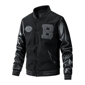 Chaqueta Varsity para Hombre, Verde Oliva, Mangas de Cuero PU Negro, Parche con Letra B, Cierre de Botones Frontales, Estilo Preppy, Largo Regular, Cuello Camisero - Product Image 6
