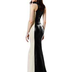 Robe de soirée sirène moulante sans manches à col roulé en PU noir et blanc avec blocs de couleur, longueur ras du sol - Product Image 5
