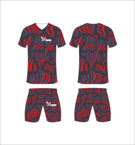 Ensemble de maillot et short de football personnalisé par sublimation, motif abstrait rouge, tenue d'équipe athlétique professionnelle, vêtements de sport respirants - Product Image 1