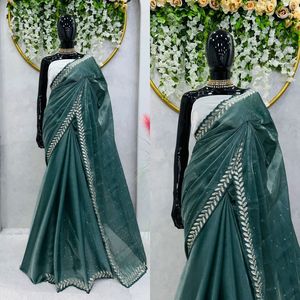 Sari Zimmy Choo de Lujo con Bordado Pesado en el Pallu, Blusa con Borde de Diamantes y Lentejuelas, para Fiesta, Sin Costuras, de Seda, Sin Arrugas, de Secado Rápido - Product Image 4