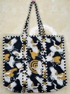 Crane Print Handmade Tote <b>Bag</b> | Quilted Cotton Shoulder Tote <b>Bag</b> In Black, White & Mustard |Large Everyday Travel & Shopping <b>Bag</b> - Product Image 3