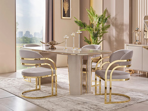 Ensemble de salle à manger moderne de luxe en fer, table rectangulaire en acier inoxydable doré avec 6 chaises, mobilier contemporain pour villa et cuisine - Product Image 4