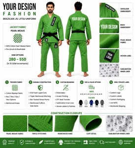 Kimono de BJJ personnalisé en gros, uniforme en coton vert tissé perlé léger pour l'entraînement, coupe régulière pour homme, logo personnalisé OEM ODM - Product Image 6