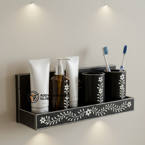 Estante de tocador moderno con incrustaciones de hueso negro, juego de baño decorativo montado en la pared, estante de baño de diseño con incrustaciones de hueso negro - Product Image 1