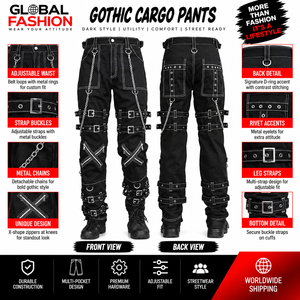 Pantalon noir de style gothique pour homme avec plusieurs poches et chaînes, taille haute, fermeture éclair, en toile, pour l'automne - Product Image 5