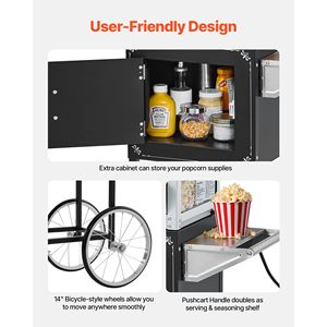 Macchina per Popcorn Professionale Stile Teatro, 8oz, in Acciaio Inossidabile, 800W, con Carrello, 48 Tazze per Ciclo, Utilizza Mais Crudo - Product Image 5