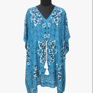 Élégante tunique bohème en coton turquoise à motifs floraux, mini-kaftan d'été avec ceinture et pompons, cordon de serrage réglable, printemps-automne - Product Image 1