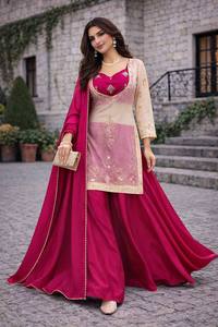ชุดเลเฮนกาสำหรับงานแต่งงานแบบอินเดีย-ปากีสถานสำหรับผู้หญิง สีมารูนครีม ปักลายยาวถึงพื้น ชุดแบบดั้งเดิม ผ้าโพลีเอสเตอร์ยืดได้ - Product Image 5