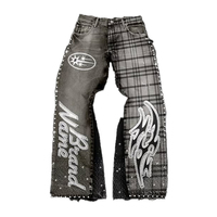 Conjunto de Jeans de Mezclilla Gruesos para Hombre, Efecto Desgastado, Estilo Vintage, Bordado, Técnica de Impresión con Pedrería
