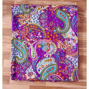 Couvre-lit Kantha indien fait main, 100% coton, imprimé à la main, motif floral, poids du tissu 220g, origine Rajasthan - Product Image 5