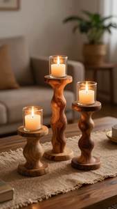 Natural Grain <b>Candle</b> Stand Wood Tapered Candlestick Holder <b>Set</b> Natural Finish Home Decoration <b>Candle</b> Stand <b>Set</b> - Product Image 6