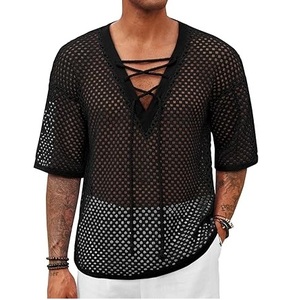 Camiseta de malla negra transparente con hombros caídos, blusa sexy para discoteca y baile, top de moda. - Product Image 6
