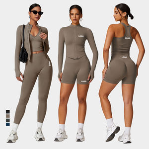Ensemble de yoga sans couture pour femme : soutien-gorge de sport, débardeur, leggings taille haute, short cycliste, veste zippée – Idéal pour le fitness et la gym - Product Image 1