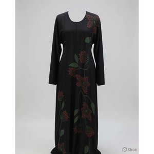 Vestido Maxi Negro Medianoche con Bordado de Ramas de Flores Rojas para Mujer |   Vestido Étnico Fluido de Manga Larga y Cuello Redondo para Uso Formal - Product Image 3