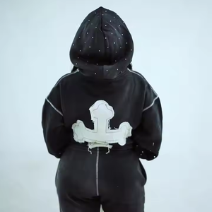 Custom <b>Tech</b> Fleece Distressed Patch Rhinestone Tracksuit Flared Sweatpants and Cropped Hoodie Set Acid <b>Wash</b> Sweatsuit for Women - Product Image 5