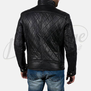Blouson en cuir matelassé noir premium pour homme, en véritable peau de mouton, avec surpiqûres en losange, coupe ajustée, style motard, manteau tendance - Product Image 2