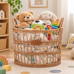 Round <b>Wicker</b> Laundry Basket With Handles Plant Fiber Storage Basket For Clothing Rustic Style Handcrafted Eco-Friendly - Product Image 3