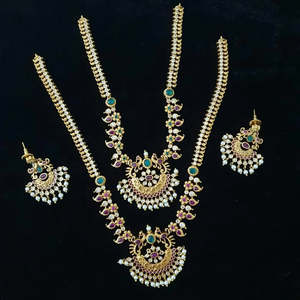 Peacock Matte Gold Semi Bridal Necklace Set with Cubic Zirconia Earrings - Product Image 1
