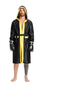 HAWK SPORTS INDUSTRIES HW-BR-001 Robe de boxe à capuche noire et jaune en satin, tenue d'entraînement durable en polyester pour toutes les saisons, MMA, Muay Thai - Product Image 2